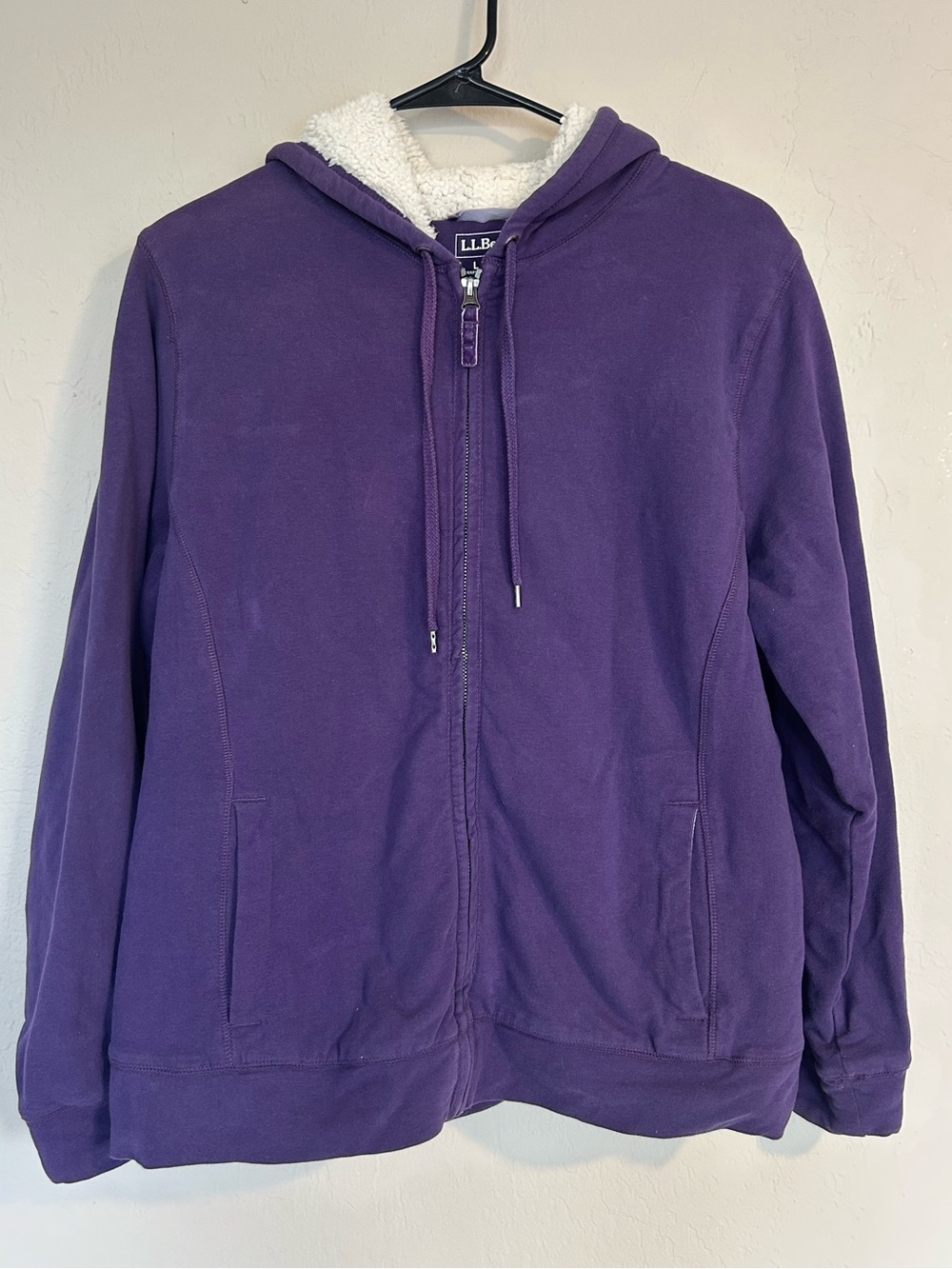 LL Bean Womens Jacket Purple Fleece Lined Sz L Hood Zipper Up Pocket (1887)